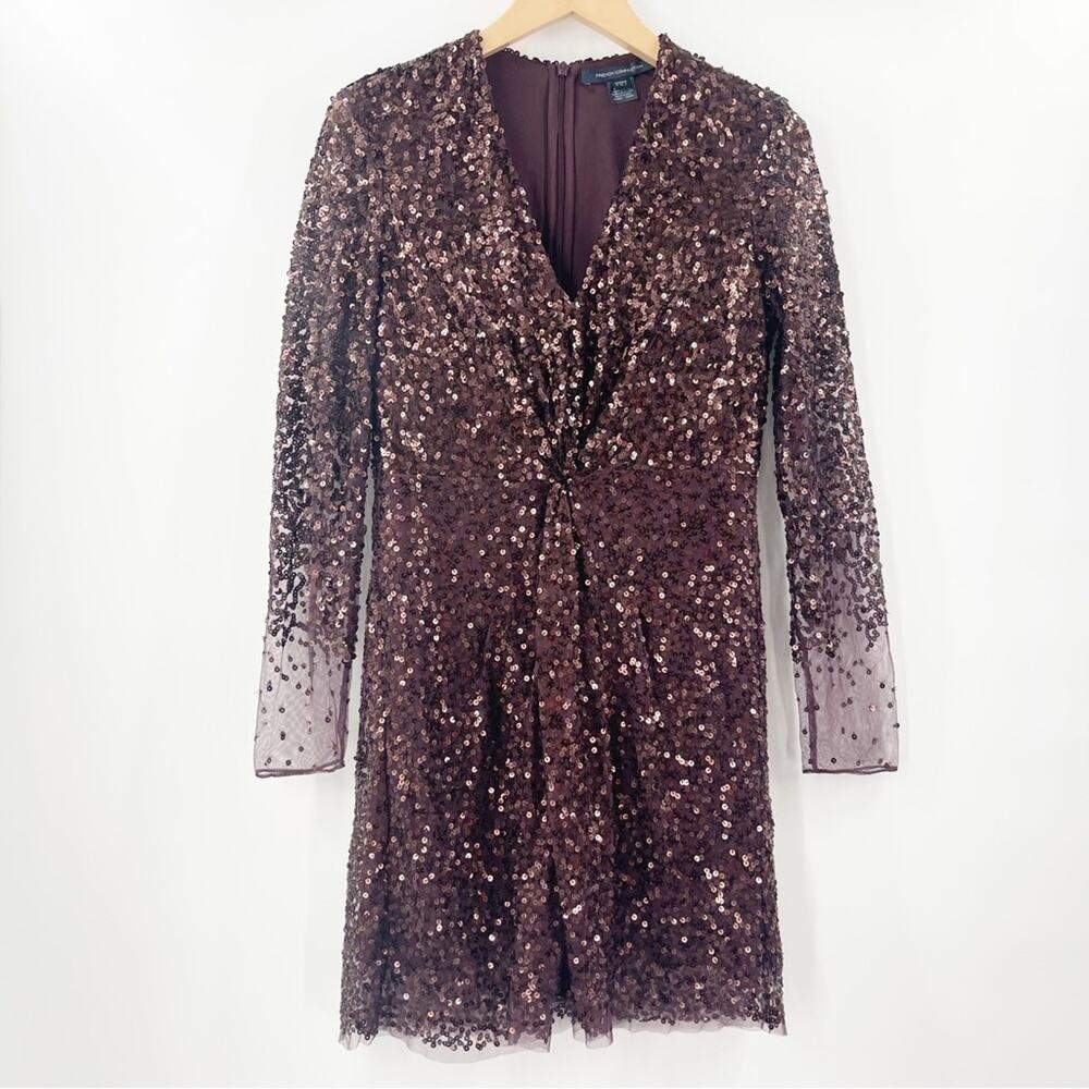 FRENCH CONNECTION Dress Size 4 Emille Sparkle Long Sleeve Sequin Sheath Brown - Picture 3 of 15